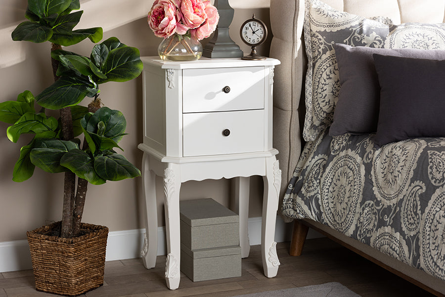 Baxton Studio Sophia Classic and Traditional French White Finished Wood 2-Drawer Nightstand | Modishstore | Nightstands
