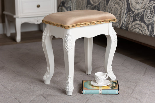 Baxton Studio Isabella Classic and Traditional French Beige Velvet Fabric Upholstered and White Finished Wood Ottoman Stool | Modishstore | Ottomans
