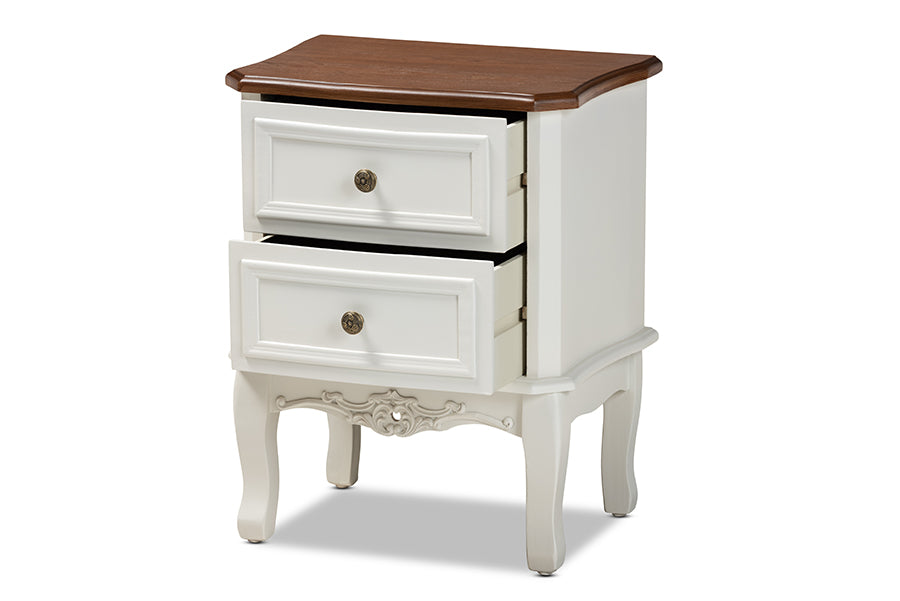 baxton studio darlene classic and traditional french white and cherry brown finished wood 2 drawer nightstand | Modish Furniture Store-3