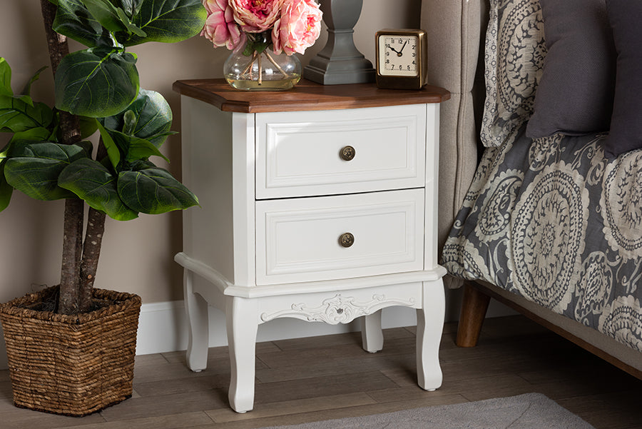 Baxton Studio Darlene Classic and Traditional French White and Cherry Brown Finished Wood 2-Drawer Nightstand | Modishstore | Nightstands