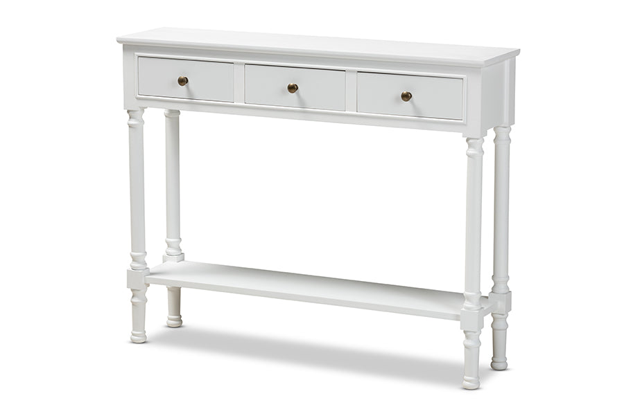 baxton studio calvin classic and traditional french farmhouse white finished wood 3 drawer entryway console table | Modish Furniture Store-2