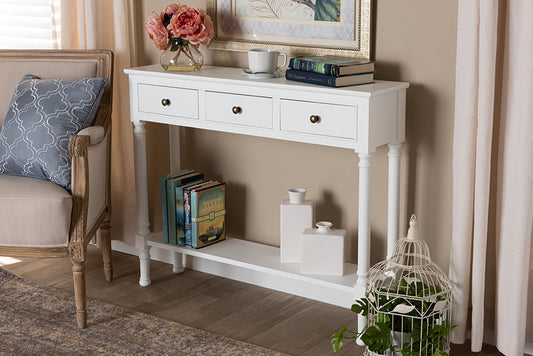 Baxton Studio Calvin Classic and Traditional French Farmhouse White Finished Wood 3-Drawer Entryway Console Table | Modishstore | Console Tables