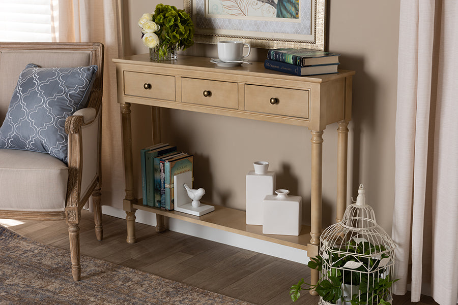 Baxton Studio Calvin Classic and Traditional French Farmhouse Oak Brown Finished Wood 3-Drawer Entryway Console Table | Console Tables | Modishstore - 2
