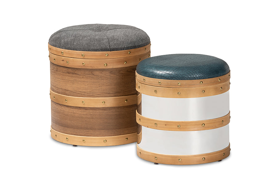 baxton studio caleb modern and contemporary glam grey fabric and blue alligator faux leather upholstered 2 piece wood and metal storage ottoman set | Modish Furniture Store-2