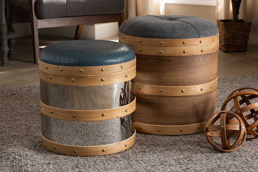Baxton Studio Caleb Modern and Contemporary Glam Grey Fabric and Blue Alligator Faux Leather Upholstered 2-Piece Wood and Metal Storage Ottoman Set | Modishstore | Ottomans