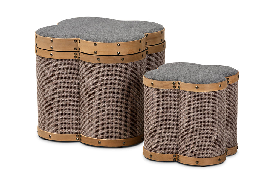 baxton studio marilyn modern and contemporary transitional grey and brown fabric upholstered 2 piece clover shaped storage ottoman set | Modish Furniture Store-2