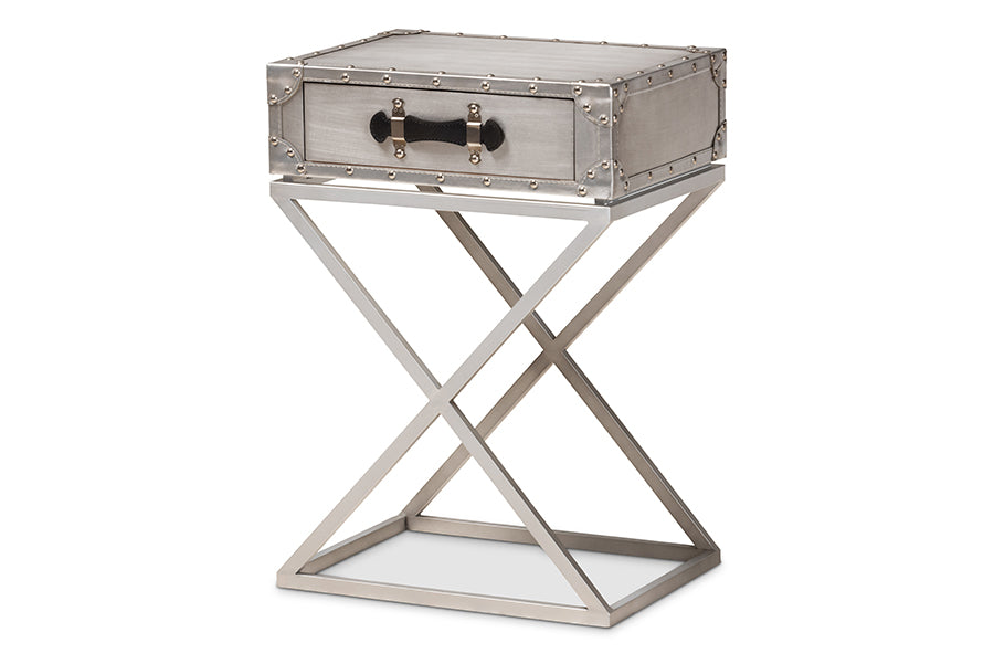 baxton studio william modern french industrial silver metal 1 drawer nightstand | Modish Furniture Store-2