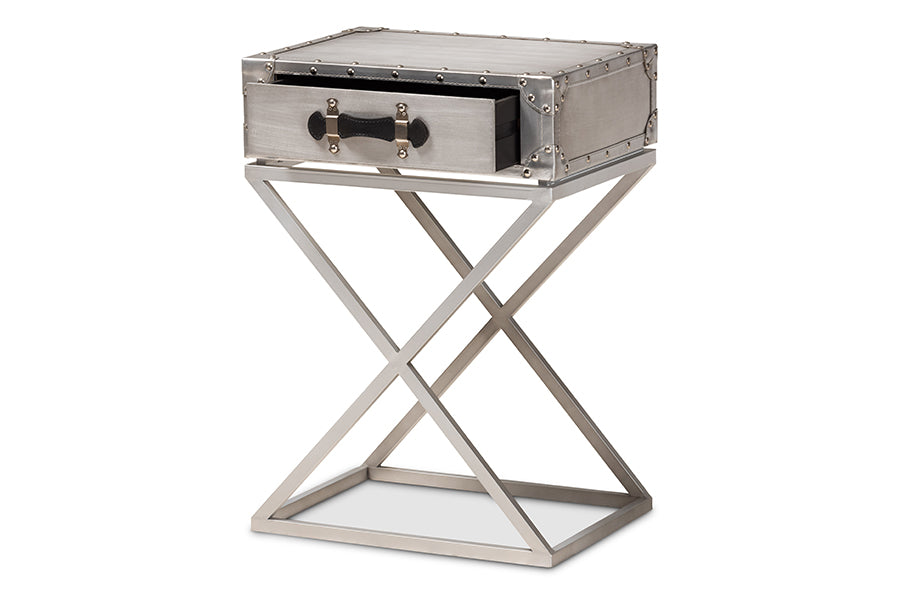 baxton studio william modern french industrial silver metal 1 drawer nightstand | Modish Furniture Store-3