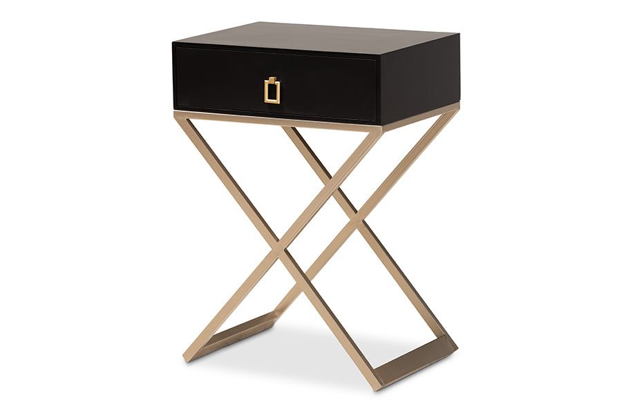 baxton studio patricia modern and contemporary black finished wood and powder coated brass effect metal 1 drawer nightstand | Modish Furniture Store-2