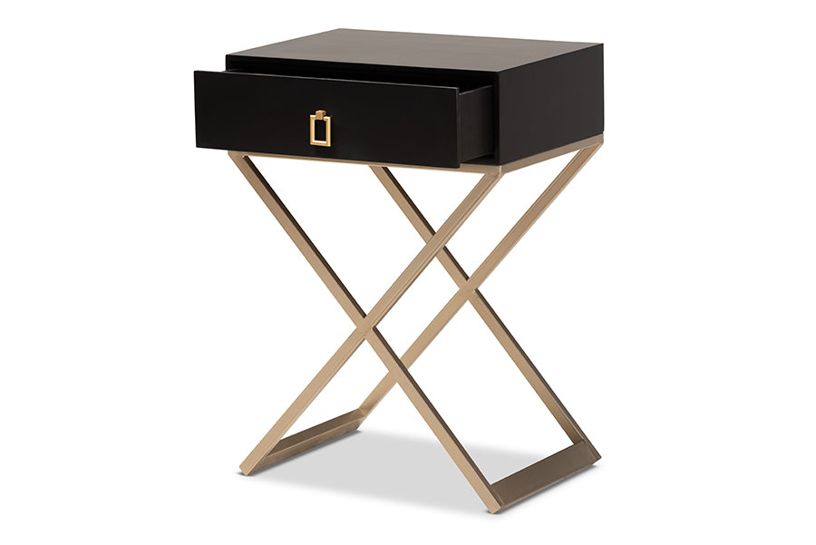 baxton studio patricia modern and contemporary black finished wood and powder coated brass effect metal 1 drawer nightstand | Modish Furniture Store-3