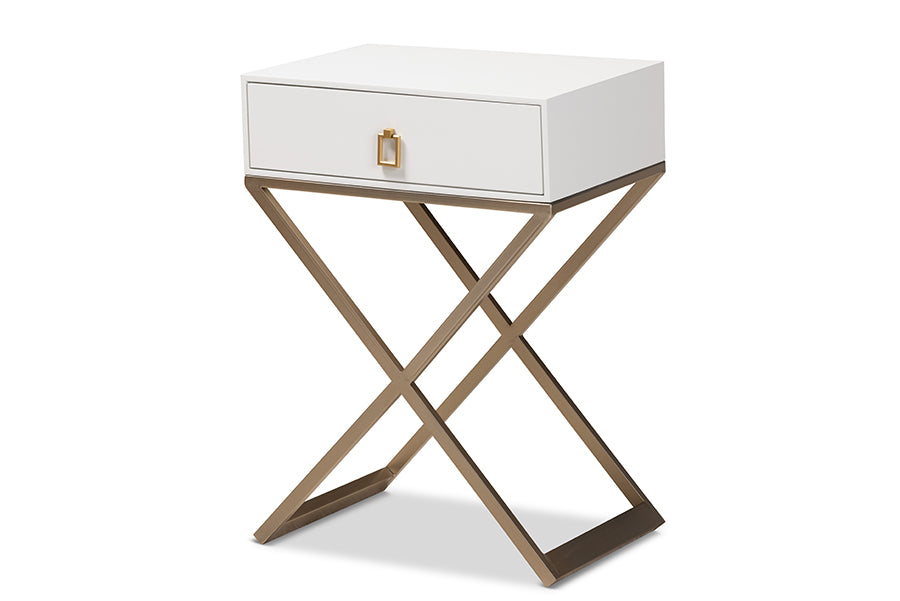 baxton studio patricia modern and contemporary white finished wood and powder coated brass effect metal 1 drawer nightstand | Modish Furniture Store-2