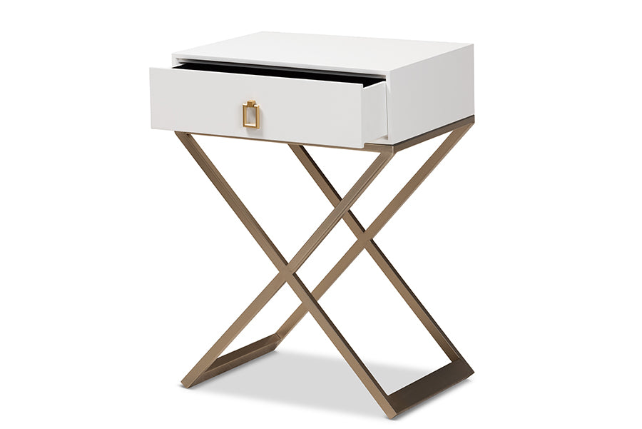 baxton studio patricia modern and contemporary white finished wood and powder coated brass effect metal 1 drawer nightstand | Modish Furniture Store-3