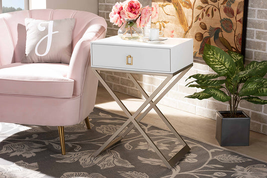 Baxton Studio Patricia Modern and Contemporary White Finished Wood and Powder Coated Brass Effect Metal 1-Drawer Nightstand | Modishstore | Nightstands