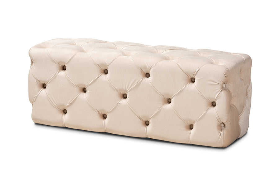 baxton studio jasmine modern contemporary glam and luxe beige velvet fabric upholstered button tufted bench ottoman | Modish Furniture Store-2