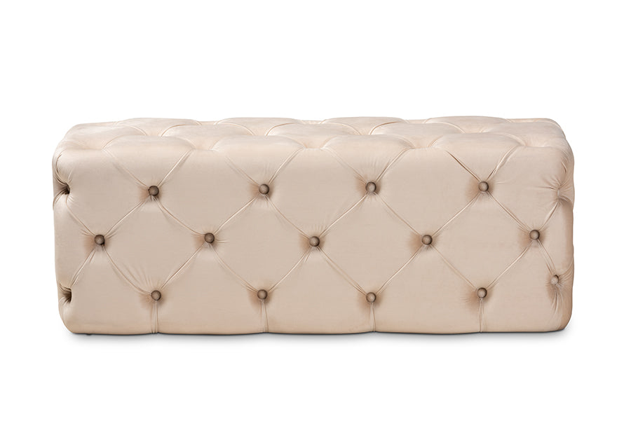 baxton studio jasmine modern contemporary glam and luxe beige velvet fabric upholstered button tufted bench ottoman | Modish Furniture Store-3