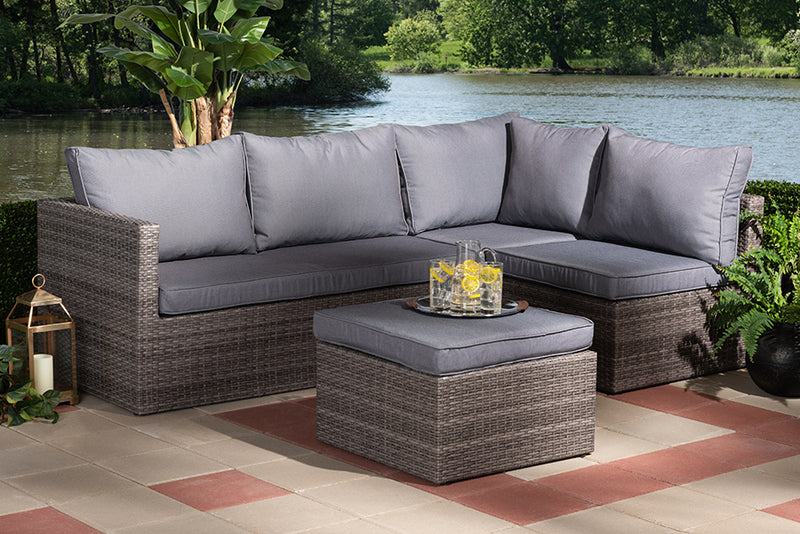 Baxton Studio Pamela Modern and Contemporary Grey Polyester Upholstered and Brown Finished 4-Piece Woven Rattan Outdoor Patio Set | Modishstore | Outdoor Sofas, Loveseats & Sectionals