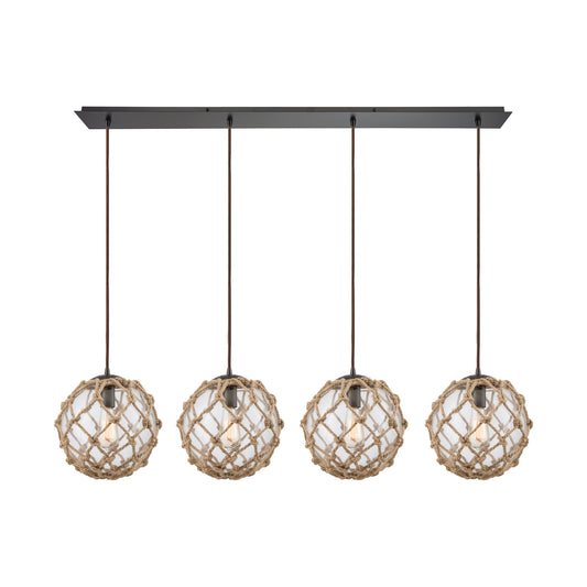 Coastal Inlet 4-Light Linear Pendant Fixture in Oiled Bronze with Rope and Clear Glass ELK Lighting | Pendant Lamps | Modishstore