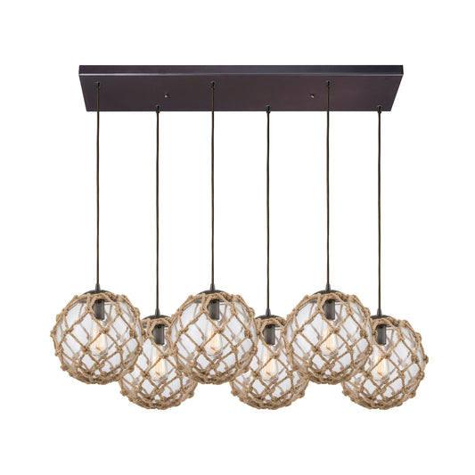 Coastal Inlet 6-Light Rectangular Pendant Fixture in Oiled Bronze with Rope and Clear Glass ELK Lighting | Pendant Lamps | Modishstore