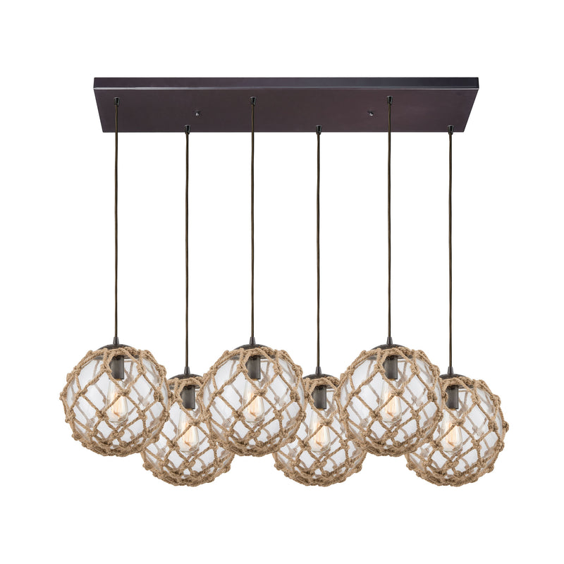 Coastal Inlet 6-Light Rectangular Pendant Fixture in Oiled Bronze with Rope and Clear Glass ELK Lighting | Pendant Lamps | Modishstore
