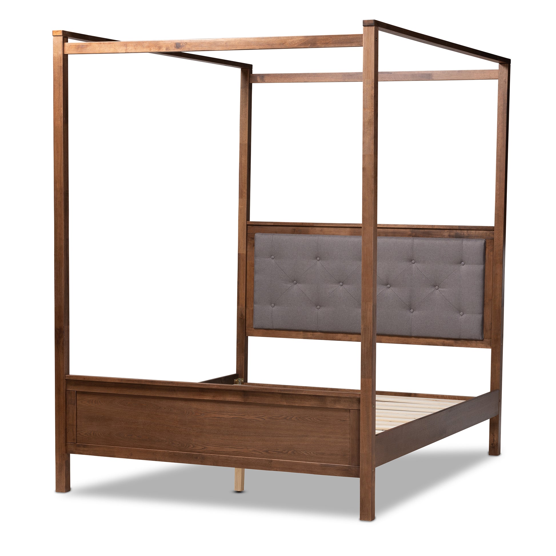 Baxton Studio Natasha Modern and Contemporary Grey Fabric Upholstered and Walnut Brown Finished Wood Queen Size Platform Canopy Bed | Beds | Modishstore