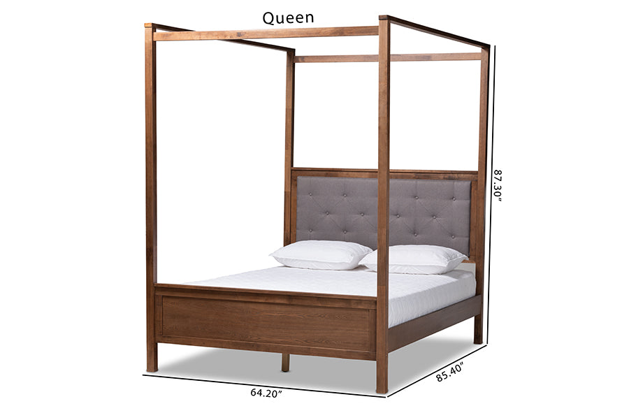 Baxton Studio Natasha Modern and Contemporary Grey Fabric Upholstered and Walnut Brown Finished Wood Queen Size Platform Canopy Bed | Beds | Modishstore - 7
