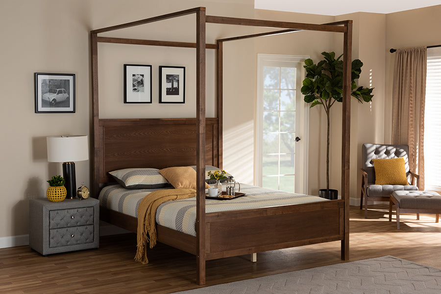 Baxton Studio Veronica Modern and Contemporary Walnut Brown Finished Wood King Size Platform Canopy Bed | Modishstore | Beds