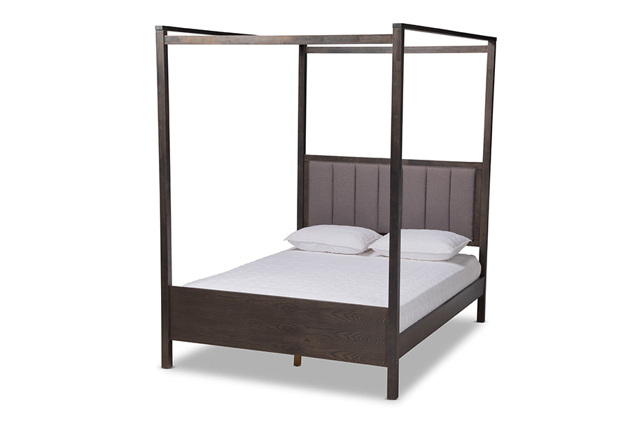 baxton studio natasha modern and contemporary grey fabric upholstered and dark grey oak finished wood king size platform canopy bed | Modish Furniture Store-2