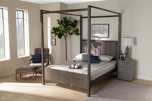 Baxton Studio Natasha Modern and Contemporary Grey Fabric Upholstered and Dark Grey Oak Finished Wood King Size Platform Canopy Bed | Modishstore | Beds