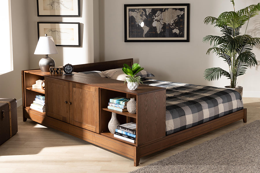 Baxton Studio Kaori Modern and Contemporary Transitional Walnut Brown Finished Wood Queen Size Platform Storage Bed | Beds | Modishstore - 2