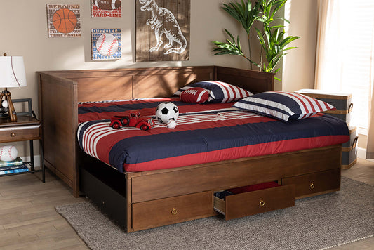 Baxton Studio Thomas Classic and Traditional Walnut Brown Finished Wood Expandable Twin Size to King Size Daybed with Storage Drawers | Modishstore | Beds