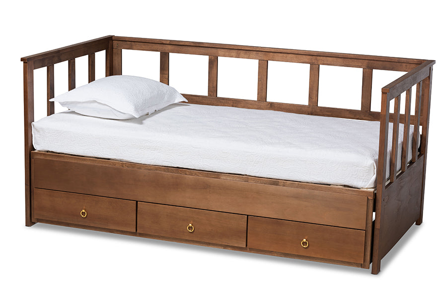 baxton studio kendra modern and contemporary walnut brown finished expandable twin size to king size daybed with storage drawers | Modish Furniture Store-2