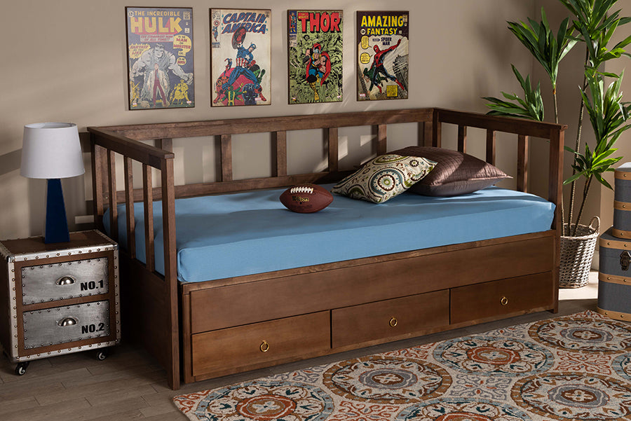Baxton Studio Kendra Modern and Contemporary Walnut Brown Finished Expandable Twin Size to King Size Daybed with Storage Drawers | Modishstore | Beds