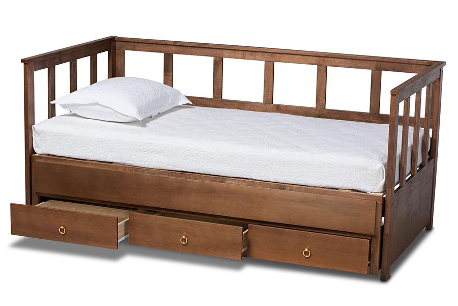 baxton studio kendra modern and contemporary walnut brown finished expandable twin size to king size daybed with storage drawers | Modish Furniture Store-3