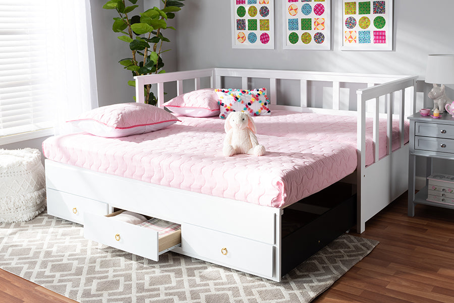 Baxton Studio Kendra Modern and Contemporary White Finished Expandable Twin Size to King Size Daybed with Storage Drawers | Modishstore | Beds