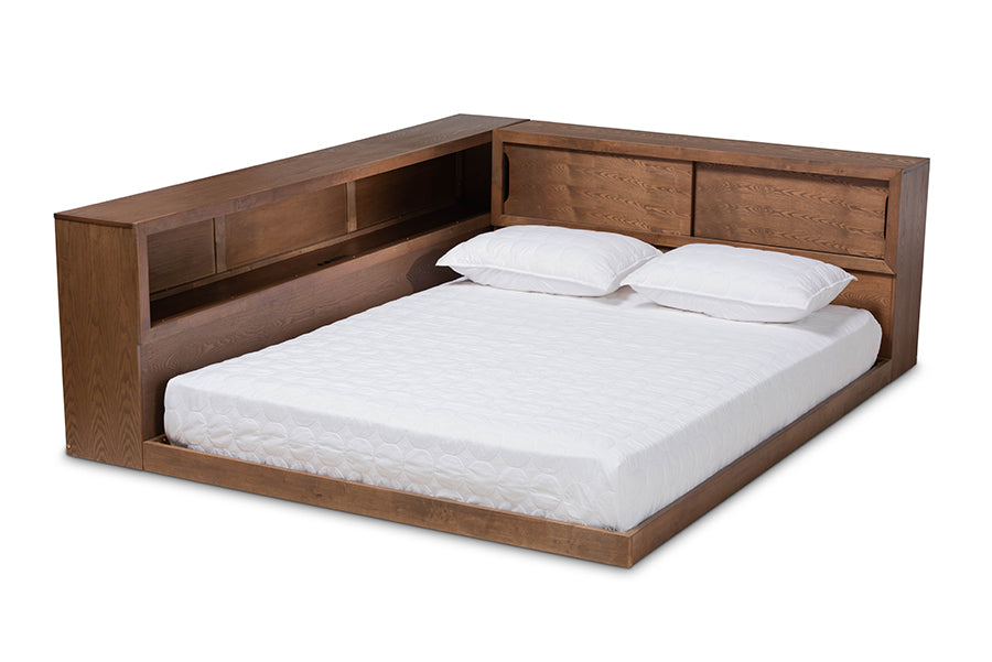 baxton studio erie modern rustic and transitional walnut brown finished wood queen size platform storage bed with built in outlet | Modish Furniture Store-2