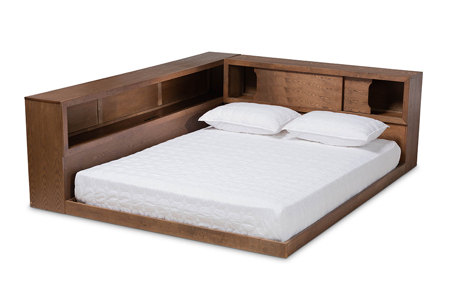 baxton studio erie modern rustic and transitional walnut brown finished wood queen size platform storage bed with built in outlet | Modish Furniture Store-3