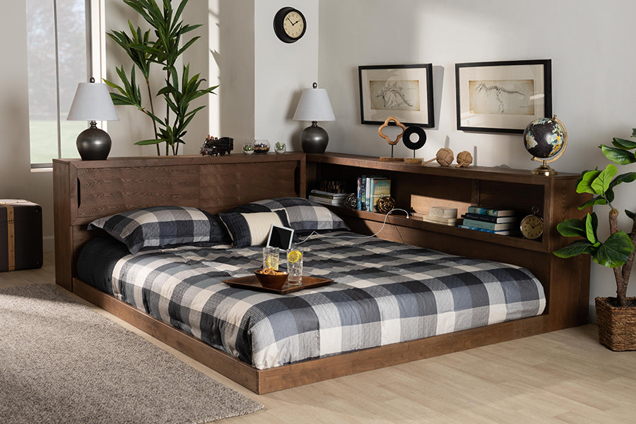 Baxton Studio Erie Modern Rustic and Transitional Walnut Brown Finished Wood Queen Size Platform Storage Bed with Built-In Outlet | Modishstore | Beds