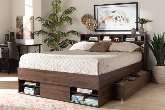 Baxton Studio Tristan Modern and Contemporary Walnut Brown Finished Wood 1-Drawer Queen Size Platform Storage Bed with Shelves | Beds | Modishstore