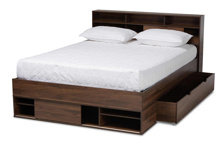 Baxton Studio Tristan Modern and Contemporary Walnut Brown Finished Wood 1-Drawer Queen Size Platform Storage Bed with Shelves | Beds | Modishstore - 4