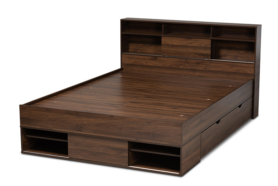 Baxton Studio Tristan Modern and Contemporary Walnut Brown Finished Wood 1-Drawer Queen Size Platform Storage Bed with Shelves | Beds | Modishstore - 3