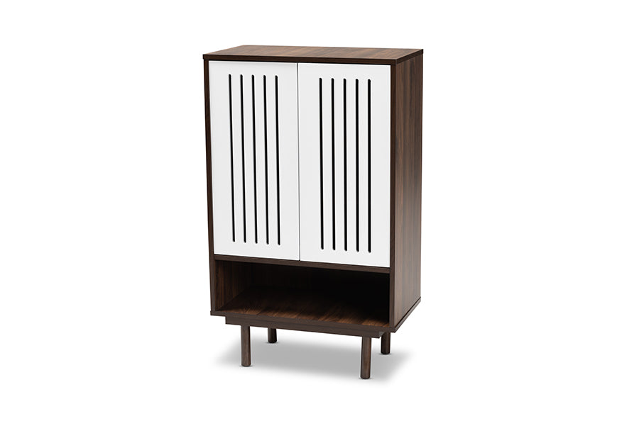 baxton studio meike mid century modern two tone walnut brown and white finished wood 2 door shoe cabinet | Modish Furniture Store-2