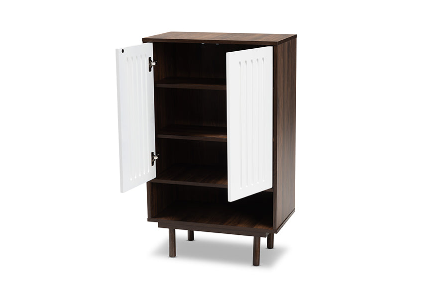 baxton studio meike mid century modern two tone walnut brown and white finished wood 2 door shoe cabinet | Modish Furniture Store-3