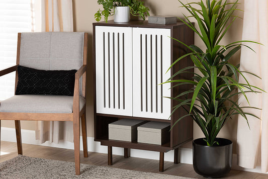 Baxton Studio Meike Mid-Century Modern Two-Tone Walnut Brown and White Finished Wood 2-Door Shoe Cabinet | Modishstore | Cabinets