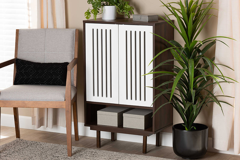 Baxton Studio Meike Mid-Century Modern Two-Tone Walnut Brown and White Finished Wood 2-Door Shoe Cabinet | Modishstore | Cabinets