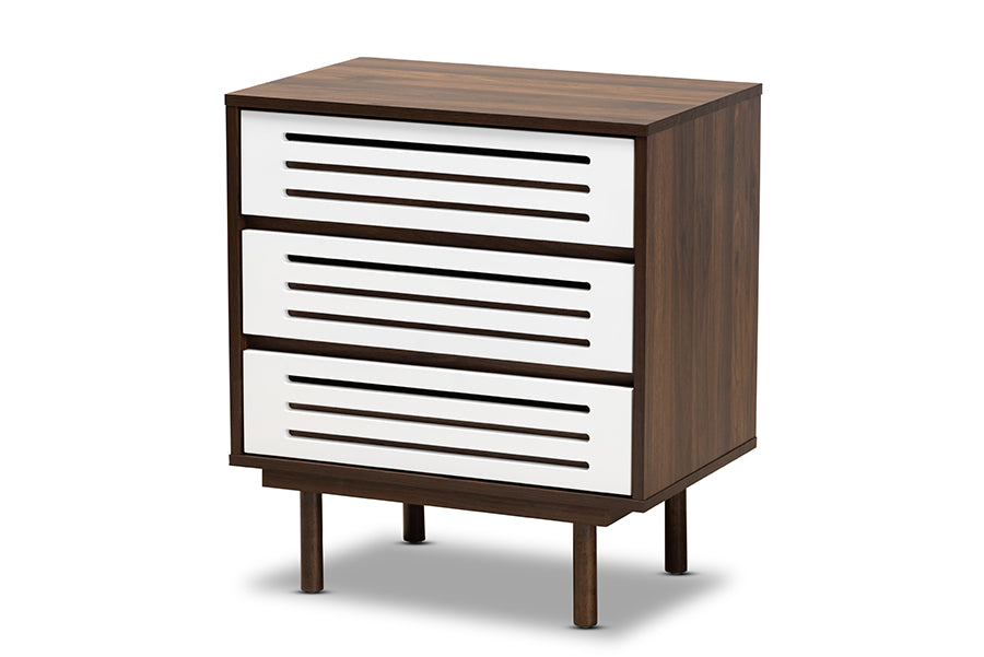 baxton studio meike mid century modern two tone walnut brown and white finished wood 3 drawer nightstand | Modish Furniture Store-2