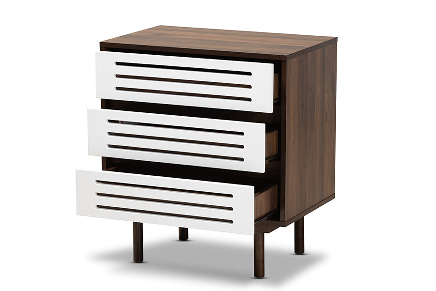 baxton studio meike mid century modern two tone walnut brown and white finished wood 3 drawer nightstand | Modish Furniture Store-3