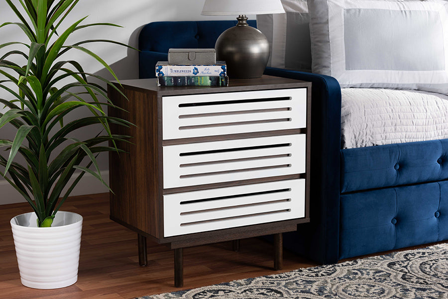 Baxton Studio Meike Mid-Century Modern Two-Tone Walnut Brown and White Finished Wood 3-Drawer Nightstand | Modishstore | Nightstands