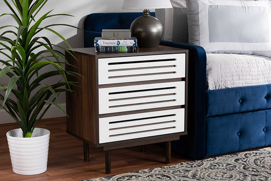 Baxton Studio Meike Mid-Century Modern Two-Tone Walnut Brown and White Finished Wood 3-Drawer Nightstand | Modishstore | Nightstands