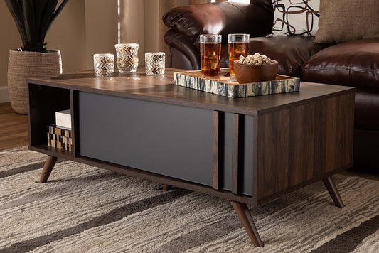 Baxton Studio Naoki Modern and Contemporary Two-Tone Grey and Walnut Finished Wood 1-Drawer Coffee Table | Modishstore | Coffee Tables