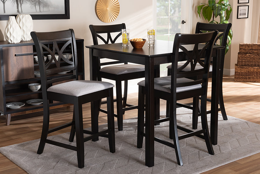 Baxton Studio Chandler Modern and Contemporary Grey Fabric Upholstered and Espresso Brown Finished Wood 5-Piece Counter Height Pub Dining Set | Modishstore | Dining Sets